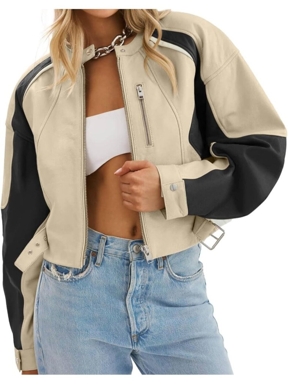 Women's Beige Faux Leather Comfortable Zip Up Color Block Casual Bomber Jackets